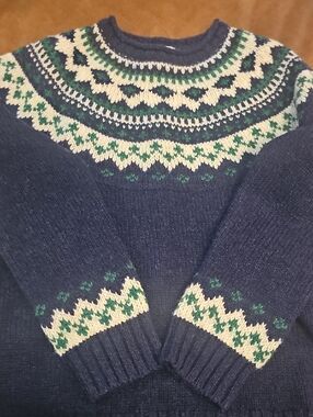 L.L.Bean Navy Fair Isle Sweater with Cream & Green Accents
